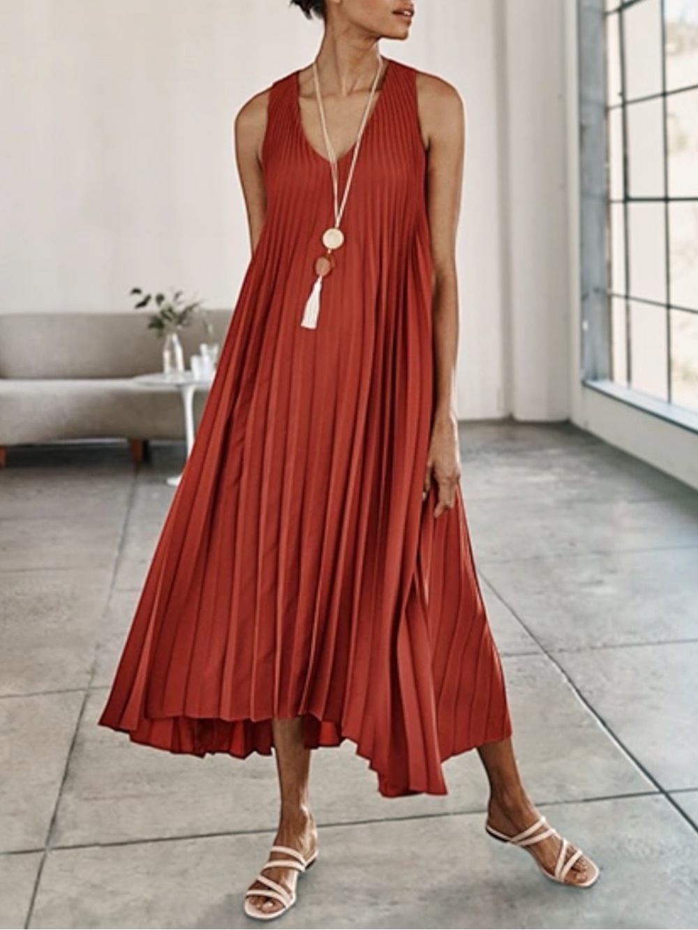 NEW J. Jill Wearever Sunburst Pleated Elliptical Maxi Dress in Pottery Size S